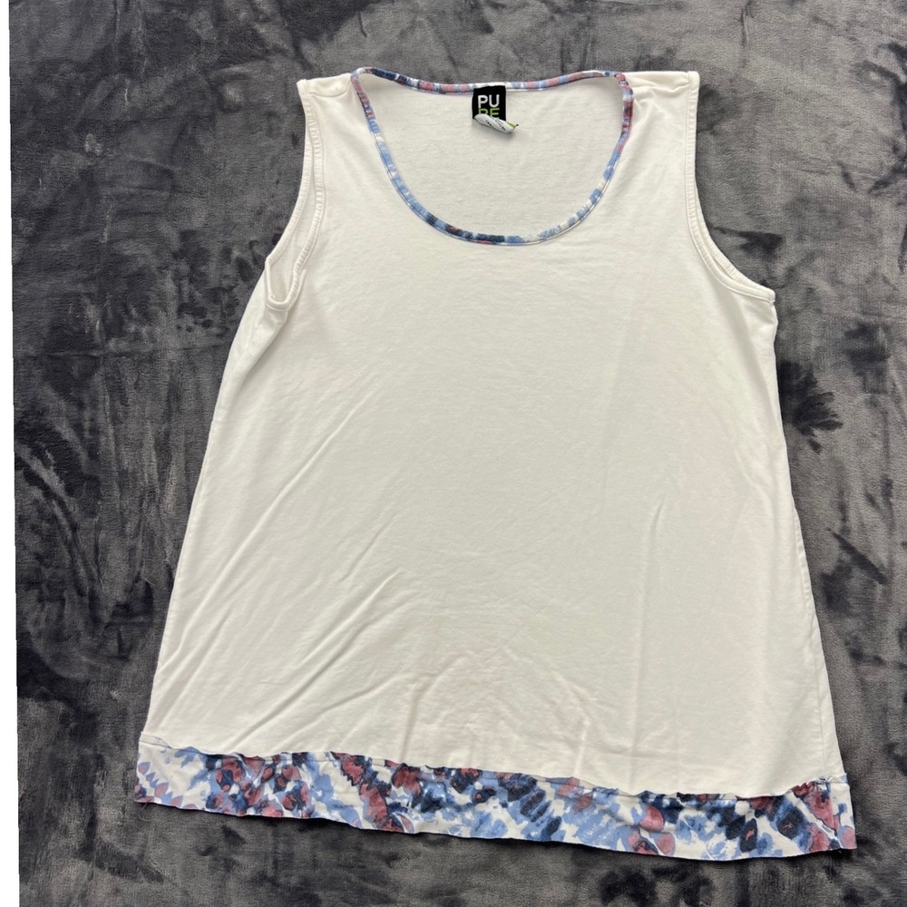 Pure Essence Tank Top Womens Large White Bamboo Rayon‎ Tie Dye Trim Summer